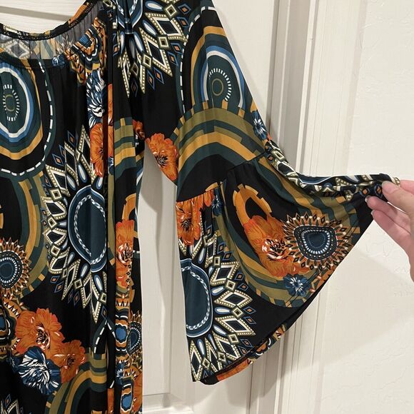 Womens Sz S Floral Off Shoulder Tunic Top / Dress Bell Sleeves Stretch Halloween - Picture 4 of 10
